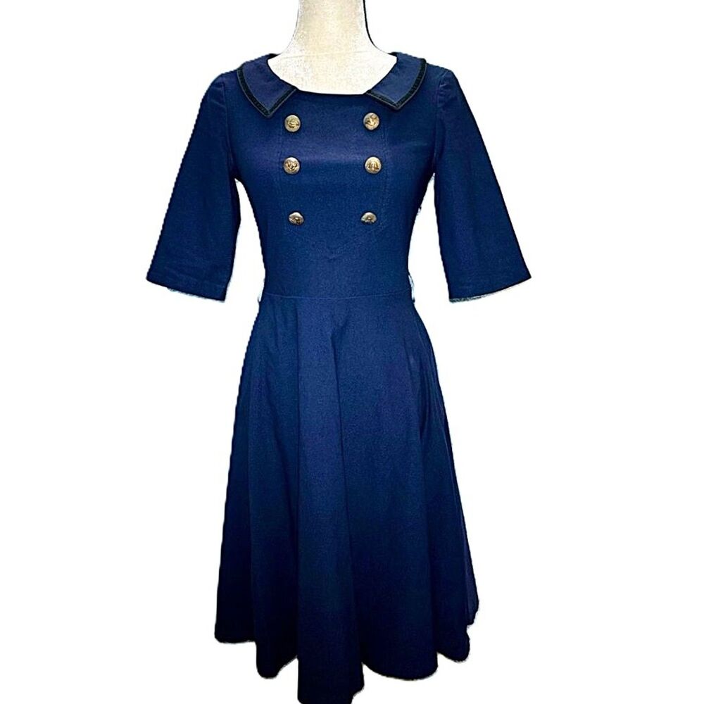 Miusol Navy Sailor Cotton Blend Swing Dress Size S Retro 40s Double Breasted